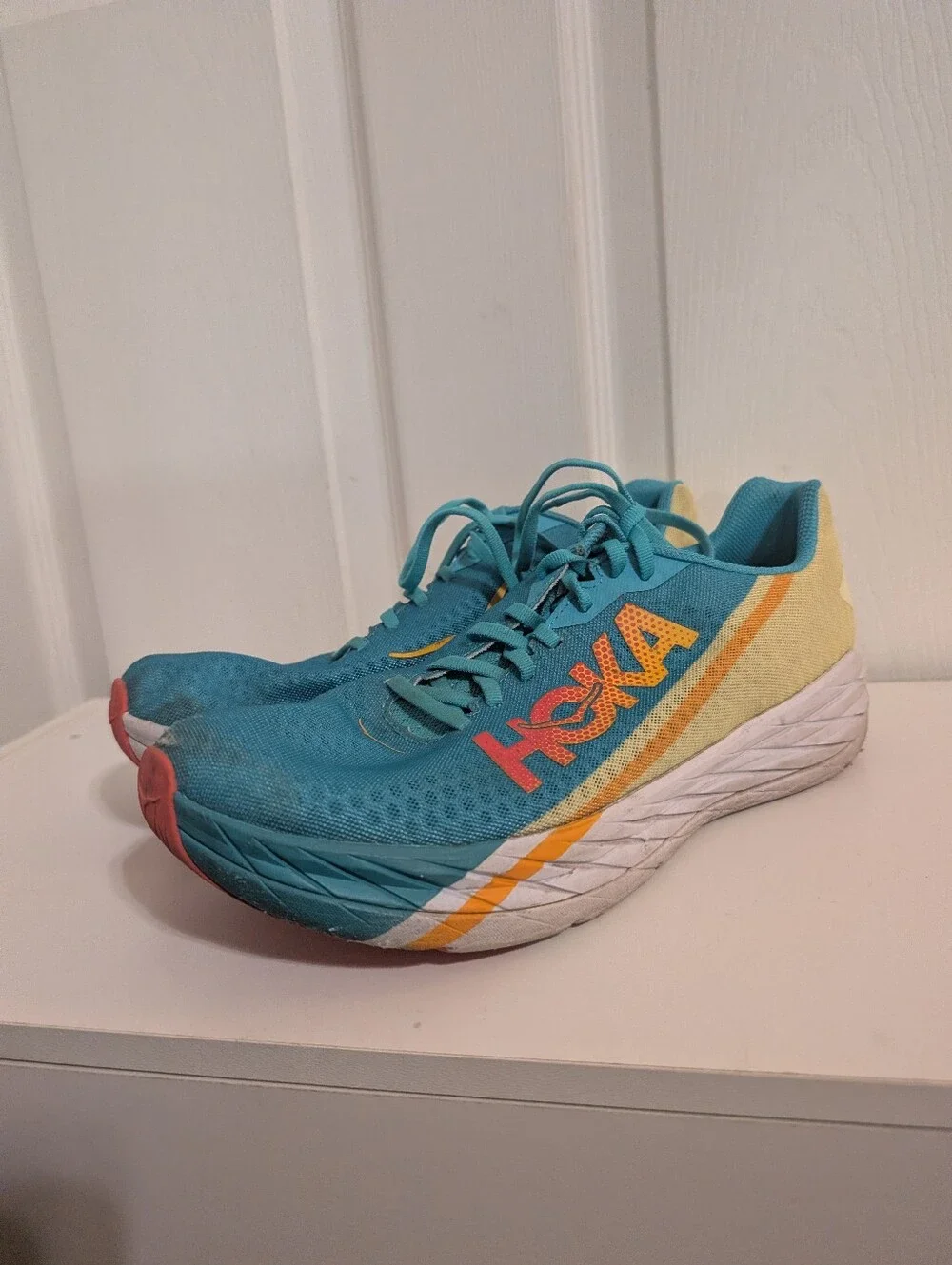 Hoka One One Rocket X Shoes Blue Yellow Sneakers Mens Size 10.5 Womens-11.5